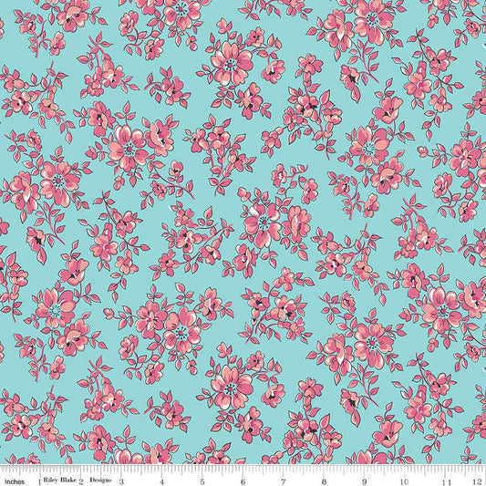 Image of the Precious Petites Blossoms Aqua quilting cotton fabric by Gerri Robinson for Riley Blake Designs. Features small flowers on a blue background. Cute Little Fabric Shop