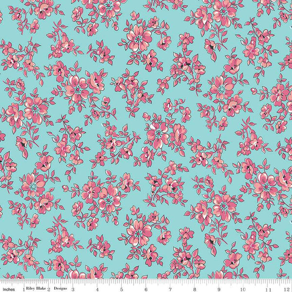 Image of the Precious Petites Blossoms Aqua quilting cotton fabric by Gerri Robinson for Riley Blake Designs. Features small flowers on a blue background. Cute Little Fabric Shop