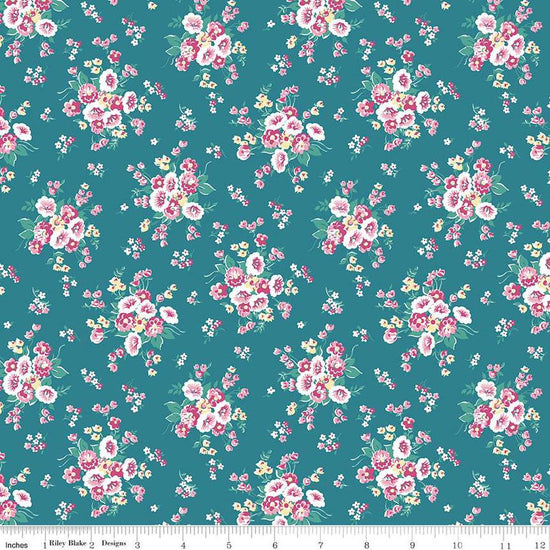 Image of the Precious Petites Main Blue quilting cotton fabric by Gerri Robinson for Riley Blake Designs. Features flowers on a blue background. Cute Little Fabric Shop
