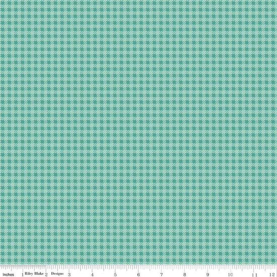 Image of the Precious Petites Gingham Vivid quilting cotton fabric by Gerri Robinson for Riley Blake Designs. Features gingham on a teal background. Cute Little Fabric Shop