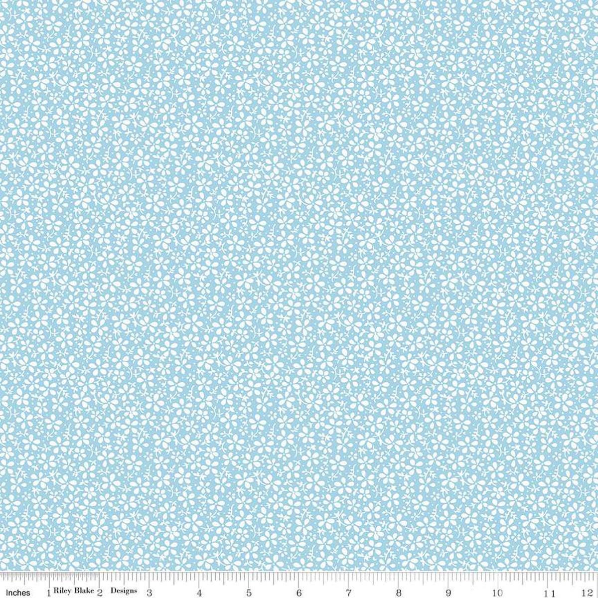 Image of the Precious Petites Daisies Sky quilting cotton fabric by Gerri Robinson for Riley Blake Designs. Features flowers on a blue background. Cute Little Fabric Shop