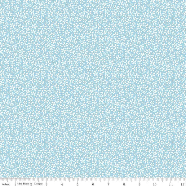 Image of the Precious Petites Daisies Sky quilting cotton fabric by Gerri Robinson for Riley Blake Designs. Features flowers on a blue background. Cute Little Fabric Shop