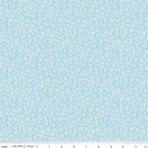Image of the Precious Petites Daisies Sky quilting cotton fabric by Gerri Robinson for Riley Blake Designs. Features flowers on a blue background. Cute Little Fabric Shop
