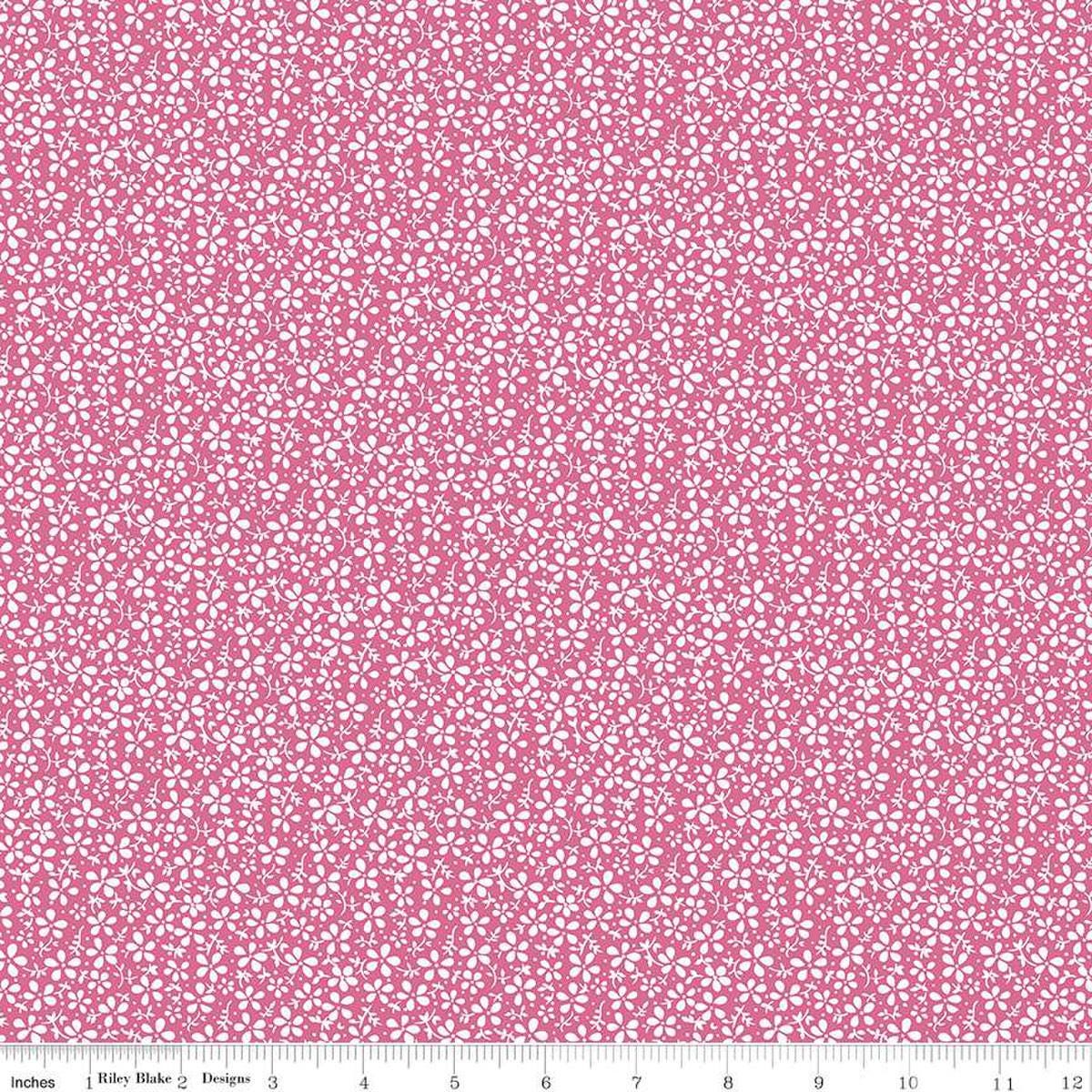 Image of the Precious Petites Daisies Magenta quilting cotton fabric by Gerri Robinson for Riley Blake Designs. Features flowers on a pink background. Cute Little Fabric Shop