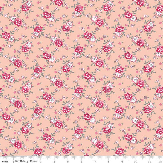 Image of the Precious Petites Bouquet Coral quilting cotton fabric by Gerri Robinson for Riley Blake Designs. Features flowers on a coral background. Cute Little Fabric Shop