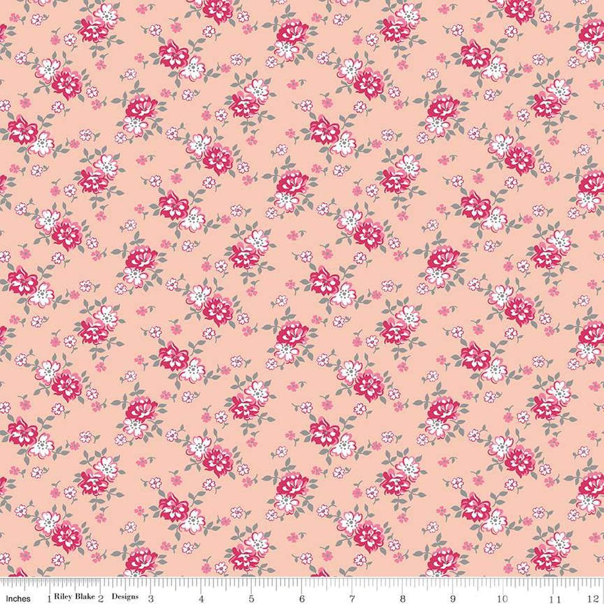 Image of the Precious Petites Bouquet Coral quilting cotton fabric by Gerri Robinson for Riley Blake Designs. Features flowers on a coral background. Cute Little Fabric Shop