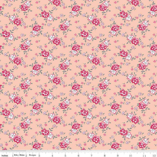 Image of the Precious Petites Bouquet Coral quilting cotton fabric by Gerri Robinson for Riley Blake Designs. Features flowers on a coral background. Cute Little Fabric Shop