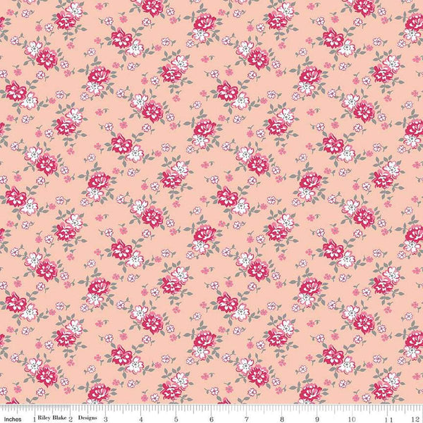 Image of the Precious Petites Bouquet Coral quilting cotton fabric by Gerri Robinson for Riley Blake Designs. Features flowers on a coral background. Cute Little Fabric Shop