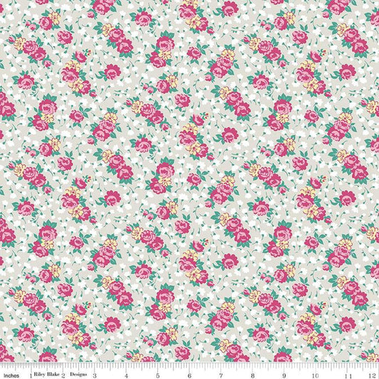 Image of the Precious Petites Roses Ash quilting cotton fabric by Gerri Robinson for Riley Blake Designs. Features flowers on a gray background. Cute Little Fabric Shop