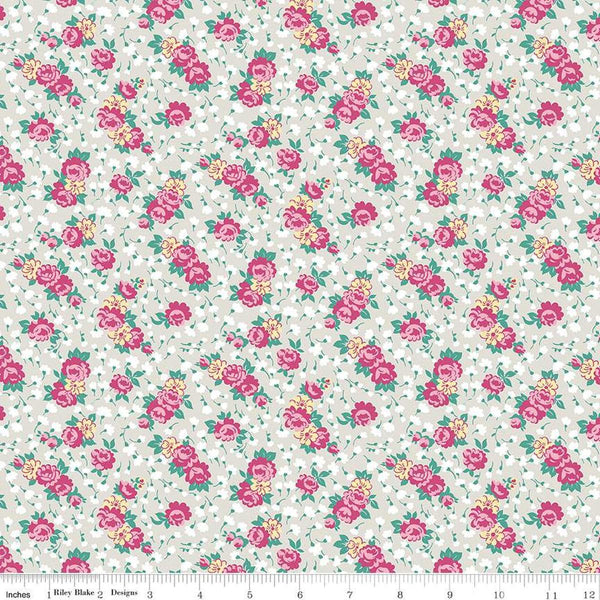 Image of the Precious Petites Roses Ash quilting cotton fabric by Gerri Robinson for Riley Blake Designs. Features flowers on a gray background. Cute Little Fabric Shop