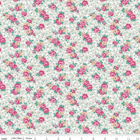 Image of the Precious Petites Roses Ash quilting cotton fabric by Gerri Robinson for Riley Blake Designs. Features flowers on a gray background. Cute Little Fabric Shop