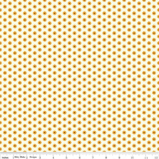 Image of the Besties Flowers Vanilla quilting cotton fabric by Corinne Wells for Riley Blake Designs. Features flowers on a yellow background. Cute Little Fabric Shop