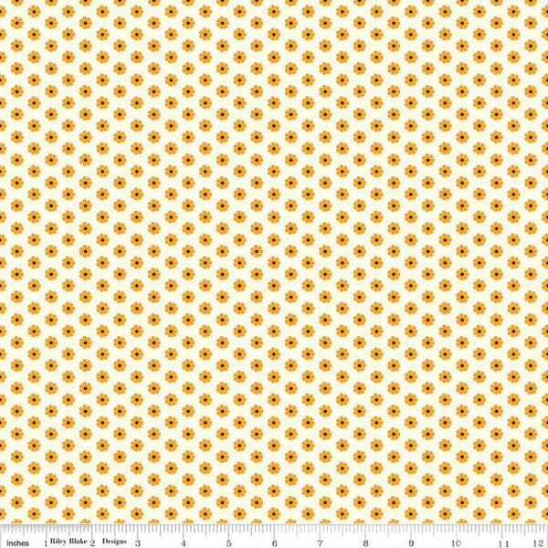 Image of the Besties Flowers Vanilla quilting cotton fabric by Corinne Wells for Riley Blake Designs. Features flowers on a yellow background. Cute Little Fabric Shop