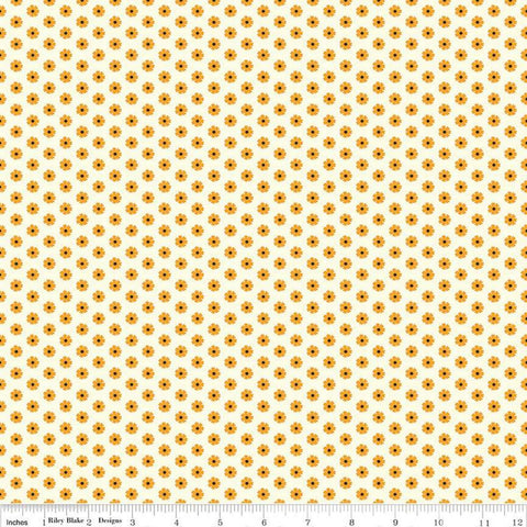 Image of the Besties Flowers Vanilla quilting cotton fabric by Corinne Wells for Riley Blake Designs. Features flowers on a yellow background. Cute Little Fabric Shop