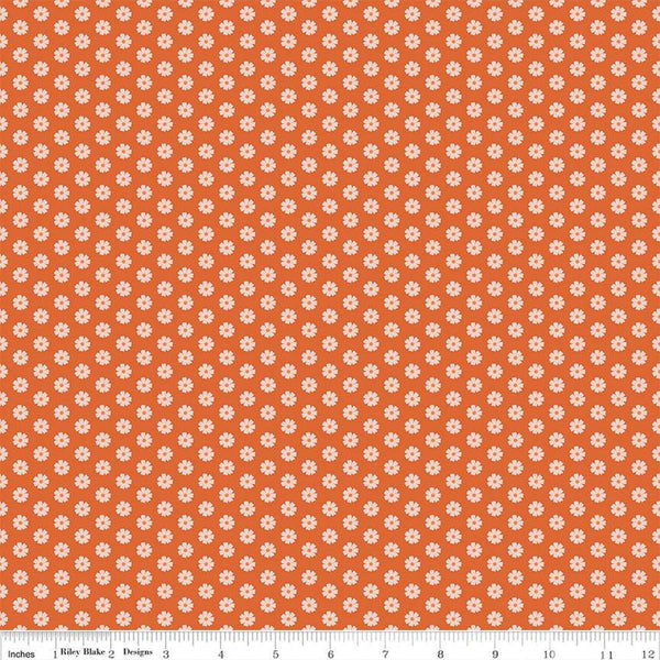 Image of the Besties Flowers Persimmon quilting cotton fabric by Corinne Wells for Riley Blake Designs. Features flowers on an orange background. Cute Little Fabric Shop