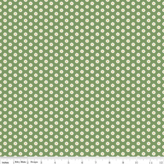 Image of the Besties Flowers Green quilting cotton fabric by Corinne Wells for Riley Blake Designs. Features flowers on a green background. Cute Little Fabric Shop