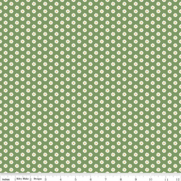 Image of the Besties Flowers Green quilting cotton fabric by Corinne Wells for Riley Blake Designs. Features flowers on a green background. Cute Little Fabric Shop