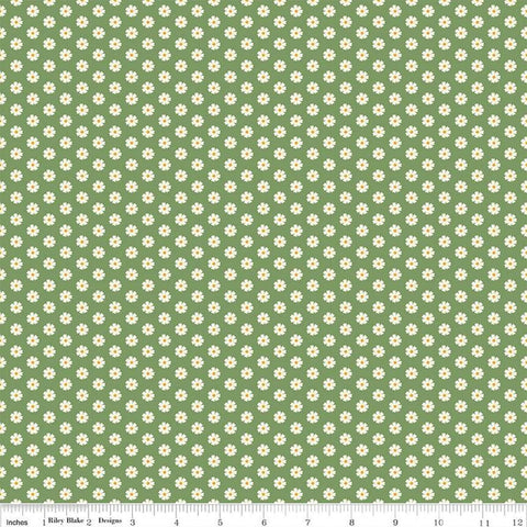 Image of the Besties Flowers Green quilting cotton fabric by Corinne Wells for Riley Blake Designs. Features flowers on a green background. Cute Little Fabric Shop