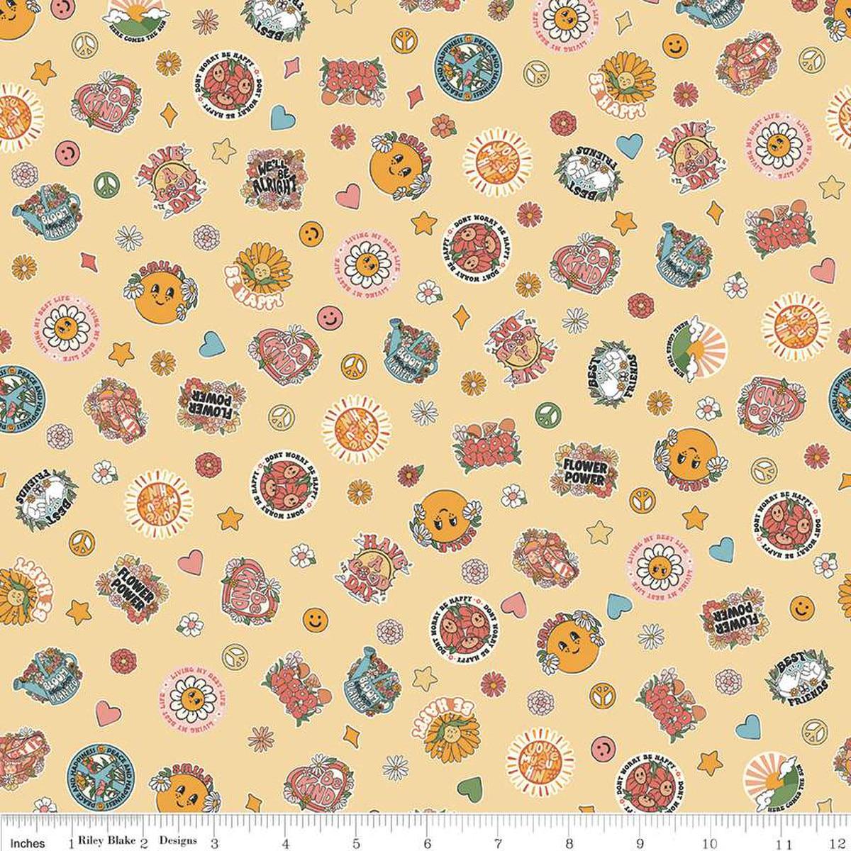 Image of the Besties Stickers Yellow quilting cotton fabric by Corinne Wells for Riley Blake Designs. Features icons on a yellow background. Cute Little Fabric Shop