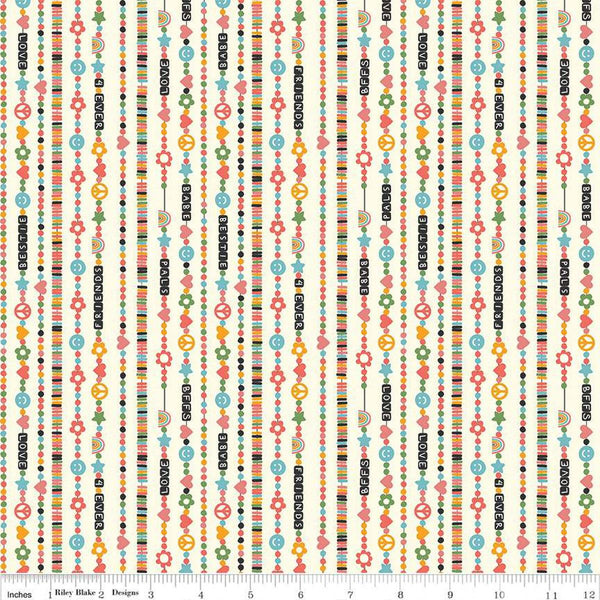 Image of the Besties Friendship Bracelets Vanilla quilting cotton fabric by Corinne Wells for Riley Blake Designs. Features bracelets on a white background. Cute Little Fabric Shop