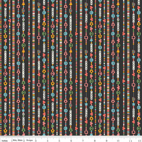 Image of the Besties Friendship Bracelets Charcoal quilting cotton fabric by Corinne Wells for Riley Blake Designs. Features bracelets on a gray background. Cute Little Fabric Shop