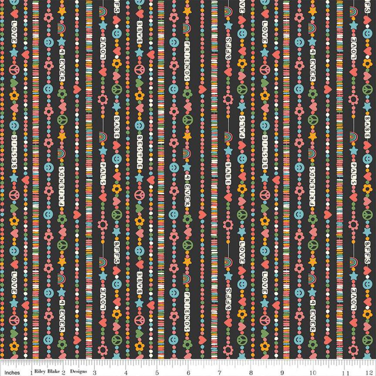 Image of the Besties Friendship Bracelets Charcoal quilting cotton fabric by Corinne Wells for Riley Blake Designs. Features bracelets on a gray background. Cute Little Fabric Shop