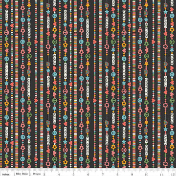 Image of the Besties Friendship Bracelets Charcoal quilting cotton fabric by Corinne Wells for Riley Blake Designs. Features bracelets on a gray background. Cute Little Fabric Shop