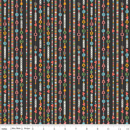 Image of the Besties Friendship Bracelets Charcoal quilting cotton fabric by Corinne Wells for Riley Blake Designs. Features bracelets on a gray background. Cute Little Fabric Shop