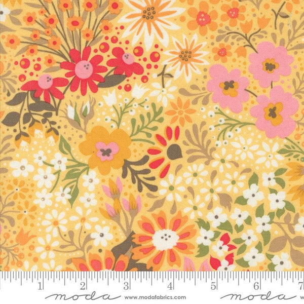 Image of the Sunday Brunch Florals Mimosa quilting cotton fabric by Moda Fabrics. Features flowers on an orange background. Cute Little Fabric Shop