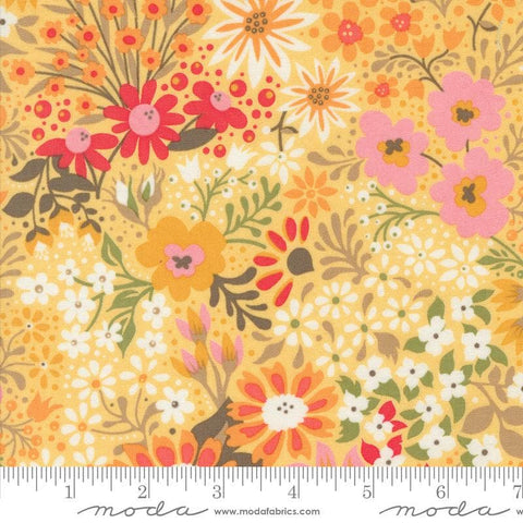 Image of the Sunday Brunch Florals Mimosa quilting cotton fabric by Moda Fabrics. Features flowers on an orange background. Cute Little Fabric Shop