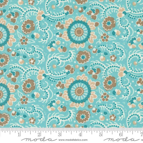 Image of the Sunday Brunch Blintz Mint Tea quilting cotton fabric by Moda Fabrics. Features flowers on a teal background. Cute Little Fabric Shop