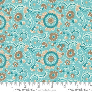 Image of the Sunday Brunch Blintz Mint Tea quilting cotton fabric by Moda Fabrics. Features flowers on a teal background. Cute Little Fabric Shop
