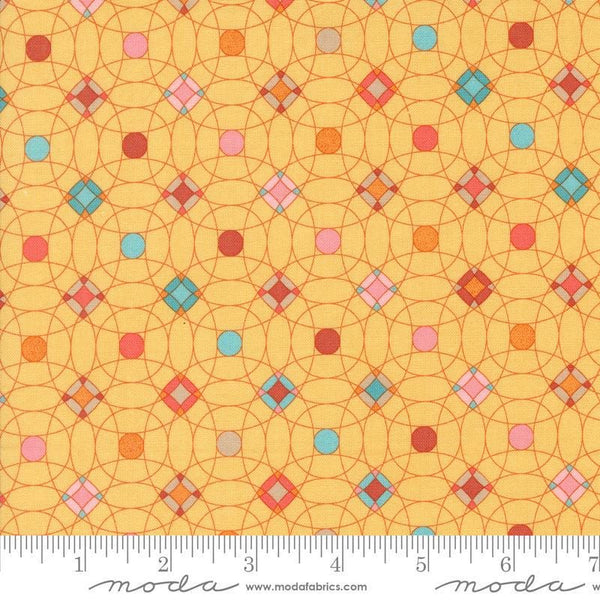 Image of the Sunday Brunch Tiles Mimosa quilting cotton fabric by Moda Fabrics. Features tiles on a yellow background. Cute Little Fabric Shop