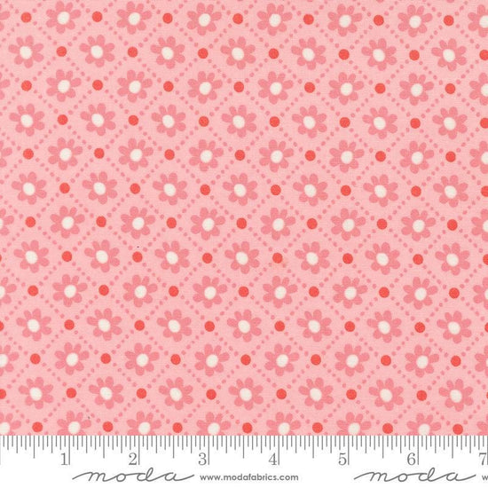 Image of the Sunday Brunch Pastry Bellini quilting cotton fabric by Moda Fabrics. Features flowers on a pink background. Cute Little Fabric Shop