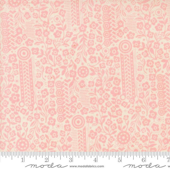Image of the Sunday Brunch Souffle Bellini quilting cotton fabric by Moda Fabrics. Features flowers on a pink background. Cute Little Fabric Shop