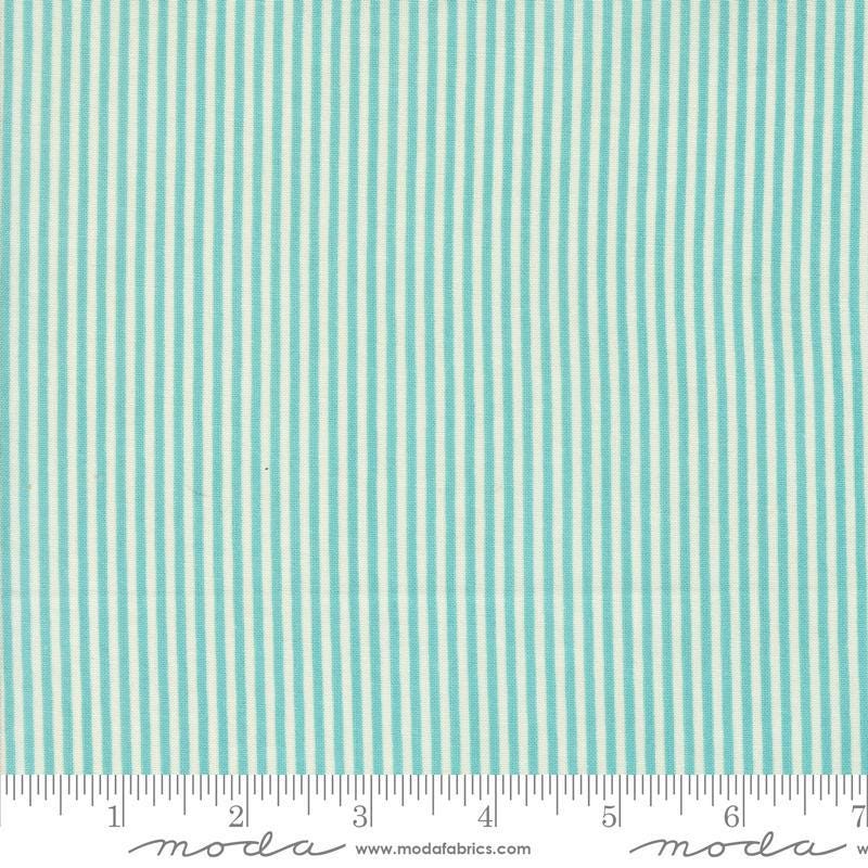 Image of the Sunday Brunch Stripes Mint Tea quilting cotton fabric by Moda Fabrics. Features stripes on a teal background. Cute Little Fabric Shop