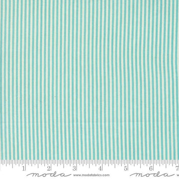 Image of the Sunday Brunch Stripes Mint Tea quilting cotton fabric by Moda Fabrics. Features stripes on a teal background. Cute Little Fabric Shop