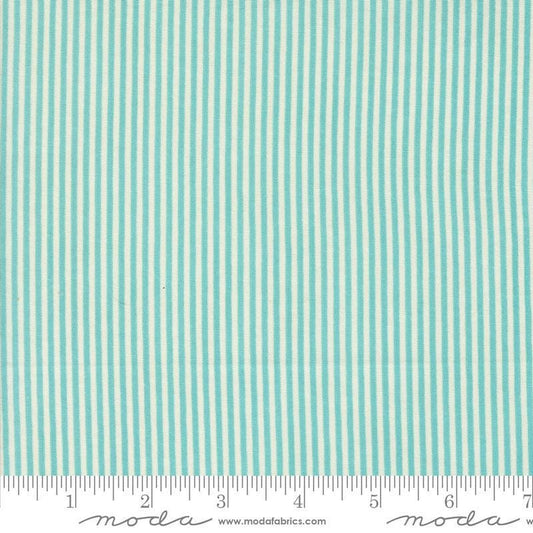 Image of the Sunday Brunch Stripes Mint Tea quilting cotton fabric by Moda Fabrics. Features stripes on a teal background. Cute Little Fabric Shop