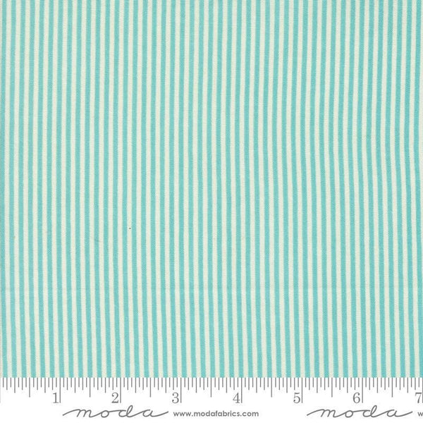 Image of the Sunday Brunch Stripes Mint Tea quilting cotton fabric by Moda Fabrics. Features stripes on a teal background. Cute Little Fabric Shop