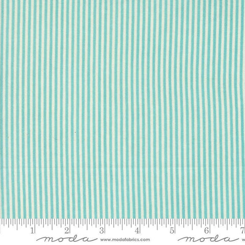 Image of the Sunday Brunch Stripes Mint Tea quilting cotton fabric by Moda Fabrics. Features stripes on a teal background. Cute Little Fabric Shop