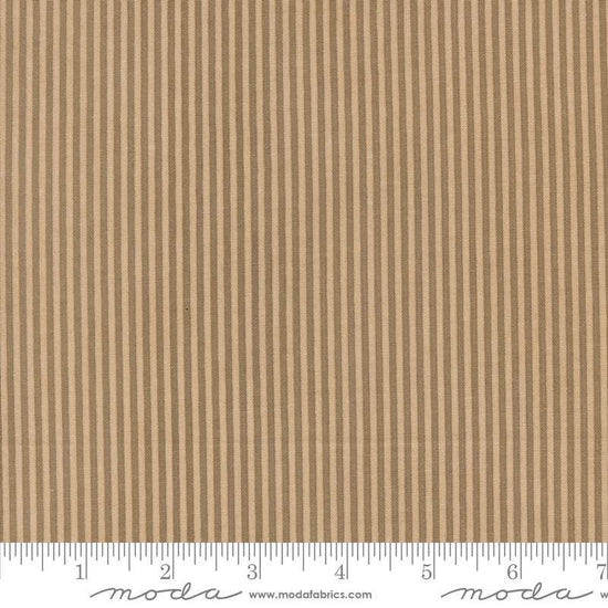 Image of the Sunday Brunch Stripes Tea quilting cotton fabric by Moda Fabrics. Features stripes on a tan background. Cute Little Fabric Shop