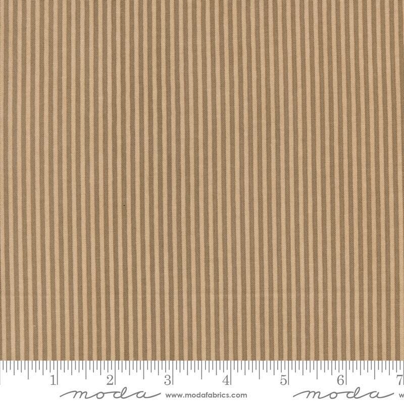 Image of the Sunday Brunch Stripes Tea quilting cotton fabric by Moda Fabrics. Features stripes on a tan background. Cute Little Fabric Shop