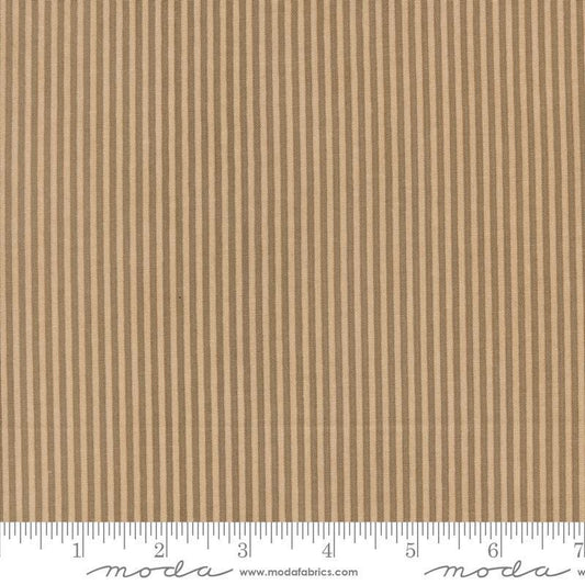 Image of the Sunday Brunch Stripes Tea quilting cotton fabric by Moda Fabrics. Features stripes on a tan background. Cute Little Fabric Shop