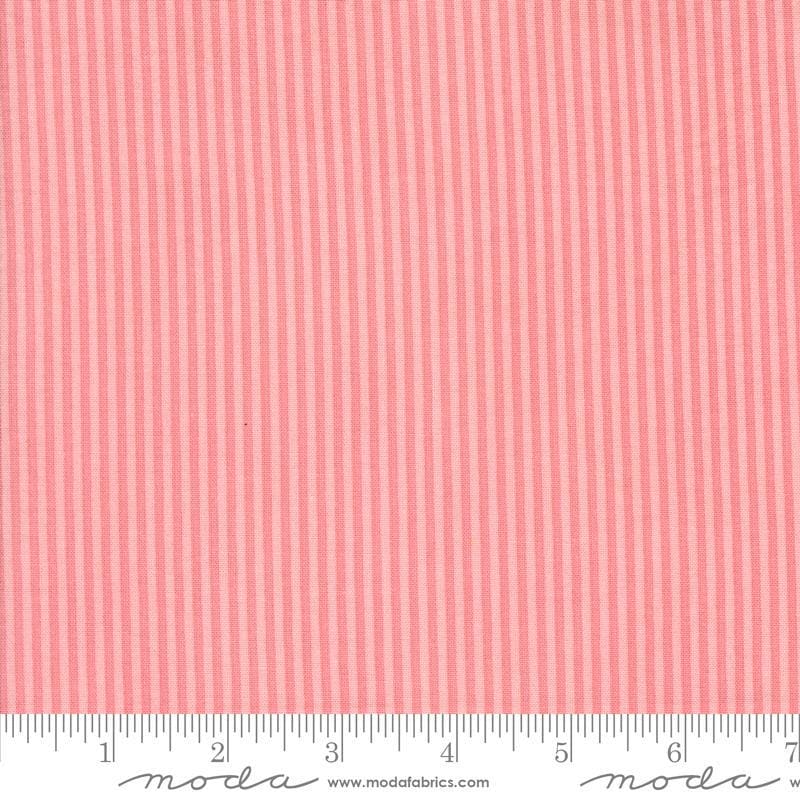 Image of the Sunday Brunch Stripes Bellini quilting cotton fabric by Moda Fabrics. Features stripes on a coral background. Cute Little Fabric Shop