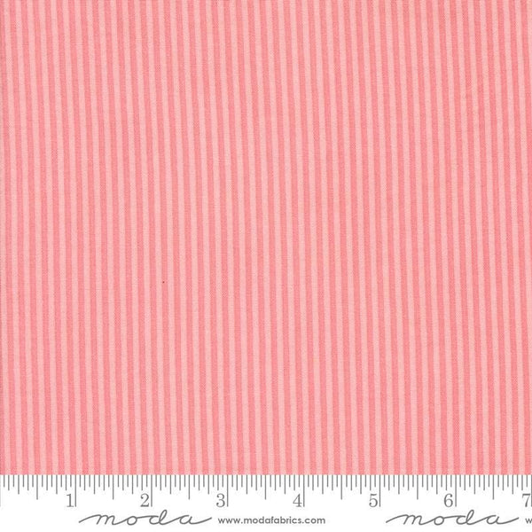 Image of the Sunday Brunch Stripes Bellini quilting cotton fabric by Moda Fabrics. Features stripes on a coral background. Cute Little Fabric Shop