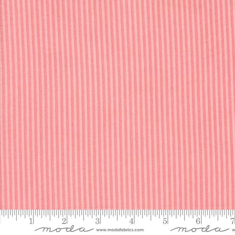 Image of the Sunday Brunch Stripes Bellini quilting cotton fabric by Moda Fabrics. Features stripes on a coral background. Cute Little Fabric Shop