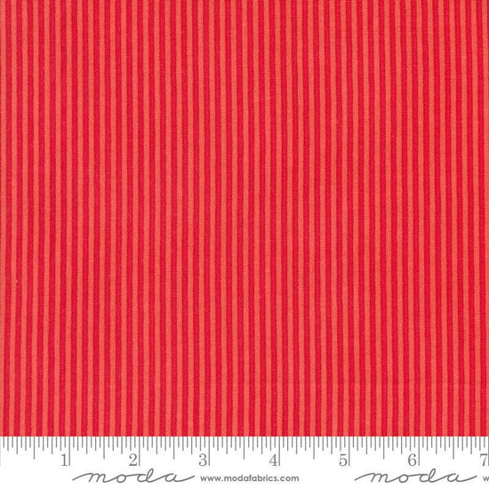 Image of the Sunday Brunch Stripes Bloody Mary quilting cotton fabric by Moda Fabrics. Features stripes on a red background. Cute Little Fabric Shop