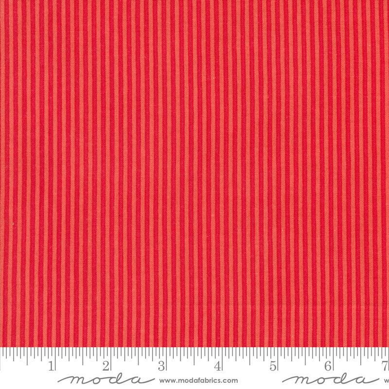 Image of the Sunday Brunch Stripes Bloody Mary quilting cotton fabric by Moda Fabrics. Features stripes on a red background. Cute Little Fabric Shop