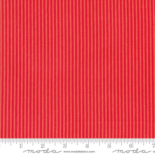 Image of the Sunday Brunch Stripes Bloody Mary quilting cotton fabric by Moda Fabrics. Features stripes on a red background. Cute Little Fabric Shop