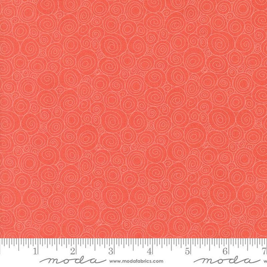 Image of the Sunday Brunch Grits Bloody Mary quilting cotton fabric by Moda Fabrics. Features swirls on a red background. Cute Little Fabric Shop